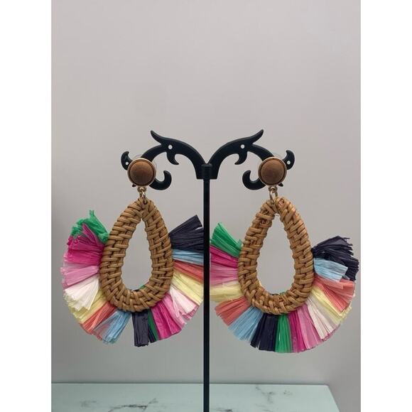 J.Crew Raffia Fan Statement Earrings Multi-color beachy Summer Boho Signed - Picture 1 of 5